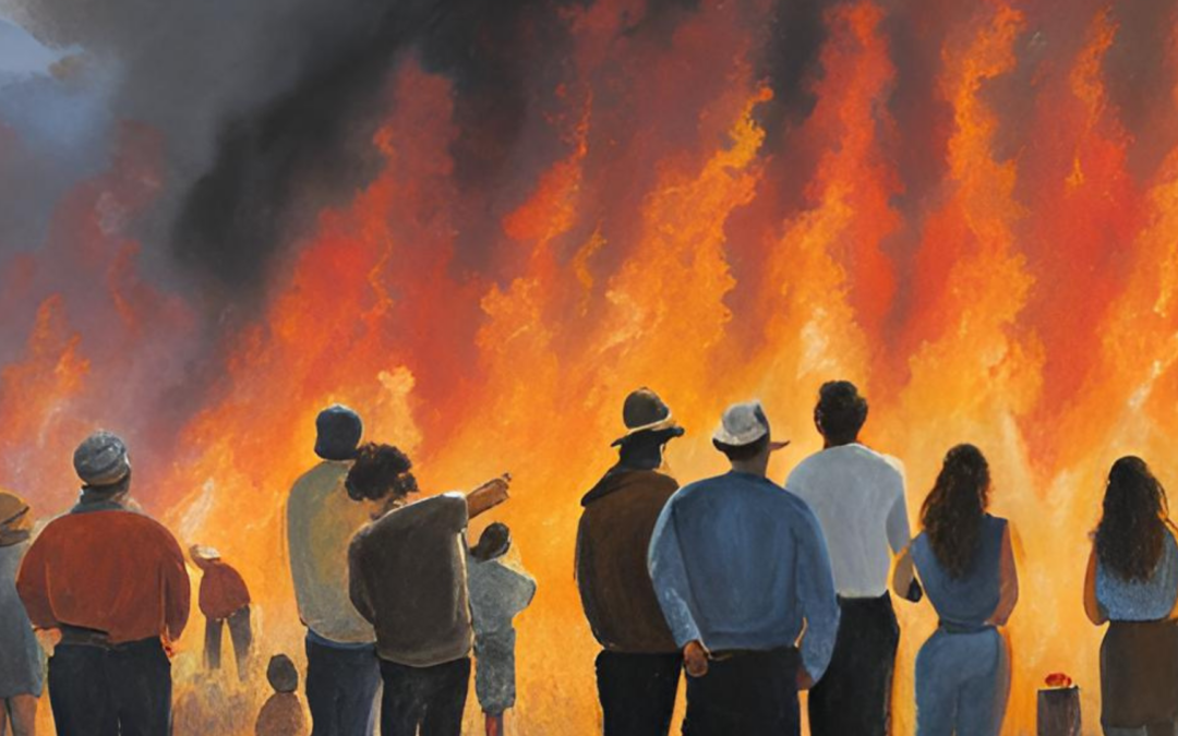 Water colour painting of people standing, looking at a large fire burning in front of them.